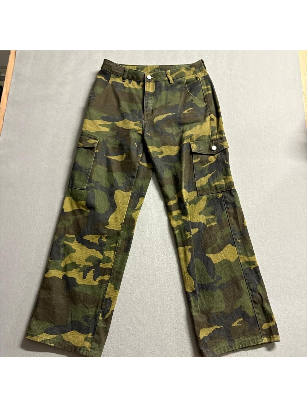 Shein Petite L Camouflage Cargo Pants Womens Green Cotton Wide Leg Utility